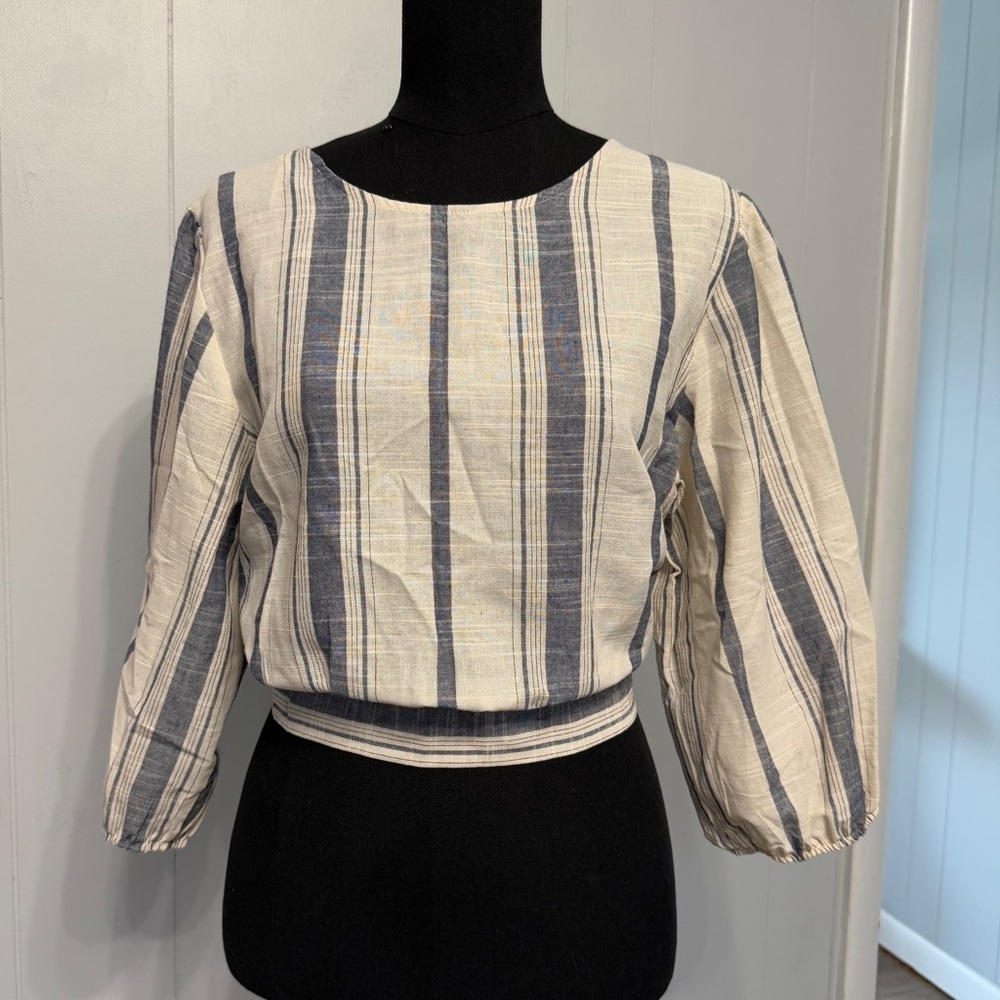 Love J Cream and Blue Striped Blouse with Button Detail & Ties Back